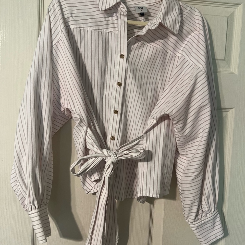 CAbi Beige and White Striped Blouse